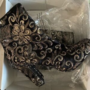 Steven By Steve Madden Black and Gold Floral Heeled Boots